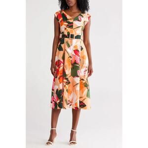 Calvin Klein V Neck Short Sleeve Tropical Floral Scuba Midi Belted Dress Orange